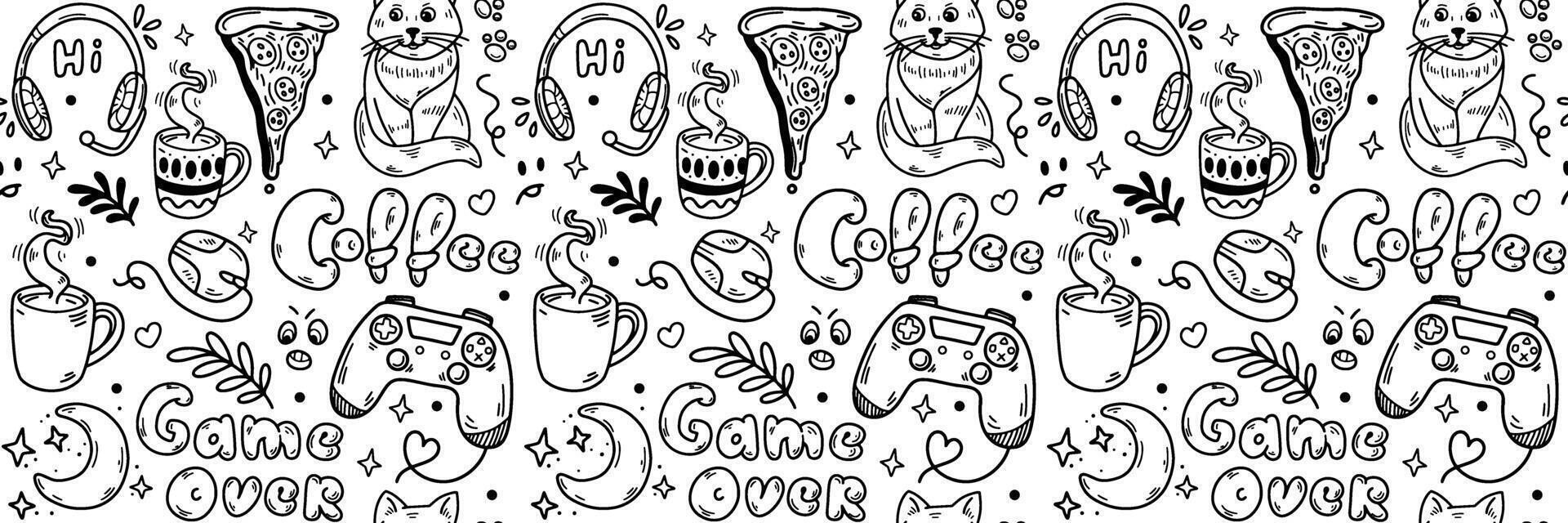 Game over seamless pattern. Hand Drawn Doodle teen activities, gamepad, coffee, pizza. Games and stream channel Background. Gadget icons Gaming cool print for boys and girls. illustration vector