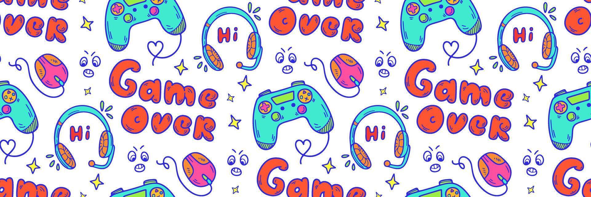 Game over color pattern. Hand Drawn Doodle gamepad, headphones. Games, stream channel Background. Games and stream channel Background. Gadget icons Gaming print for boys and girls. illustration vector