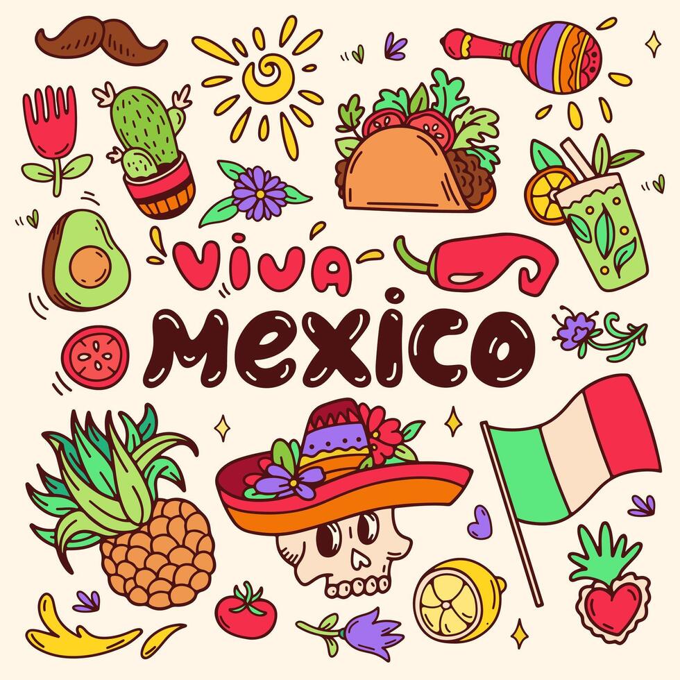 Viva Mexico icons set. Square color celebration background. Banner and social media post for Mexican federal holiday Cinco de Mayo. Mexican heritage and culture. Doodle illustration vector