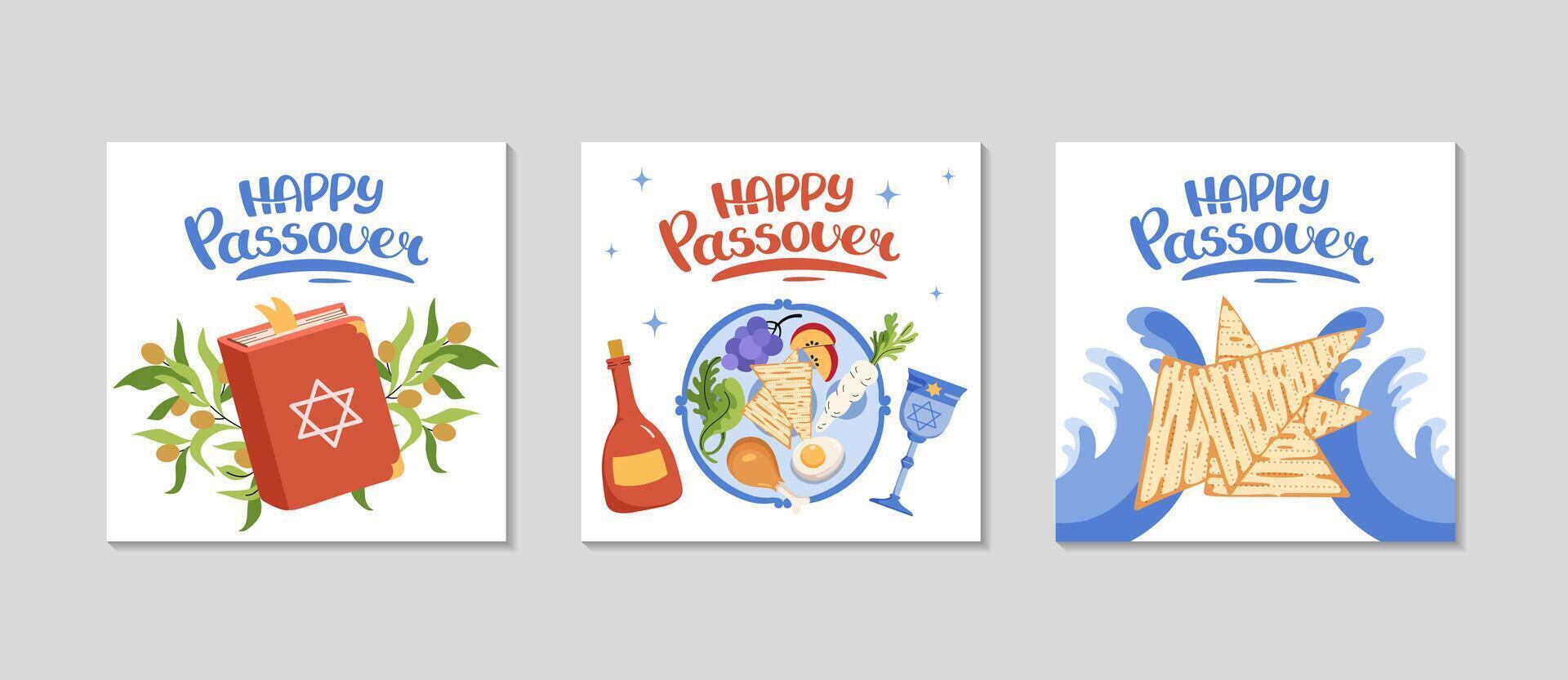 Happy Passover greeting card set. Collection with Seder plate, meal, matzah, wine, torus. Holidays square template set. Greeting post background for Social media. flat illustration. vector
