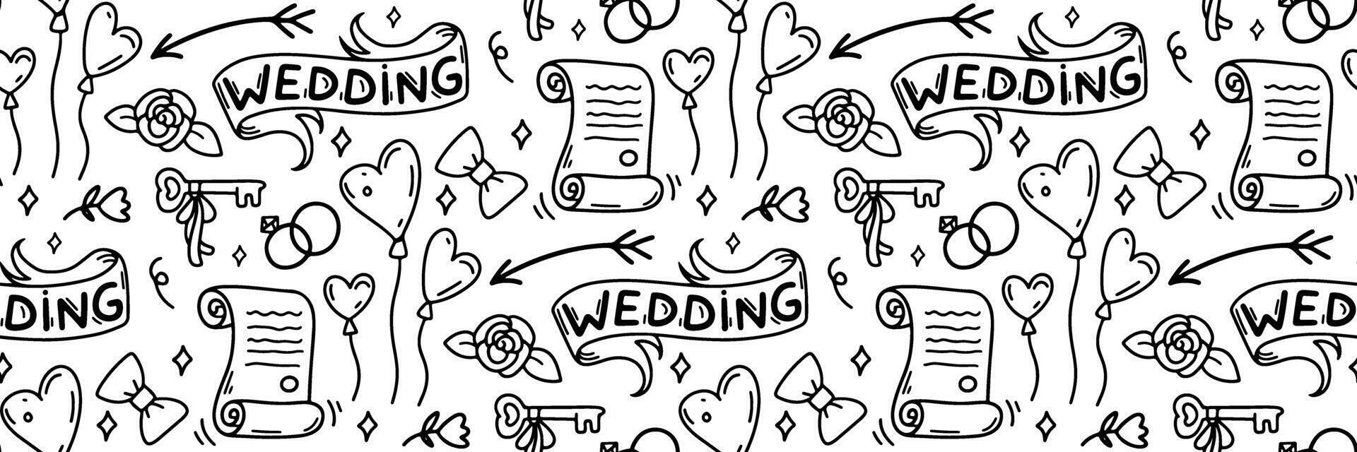 Wedding doodle seamless pattern. Festive outline background. Ribbon, heart shaped balloons, key and marriage certificate. For invitation cards, wrapping paper, wallpaper or fabric. illustration vector