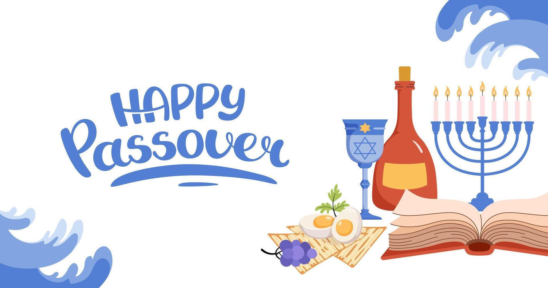 Happy Passover greeting web banner. Jewish celebration background. Seder plate, matzah, egg, salad. Hand drawn lettering. Horizontal Backdrop postcard, poster. flat illustration. vector