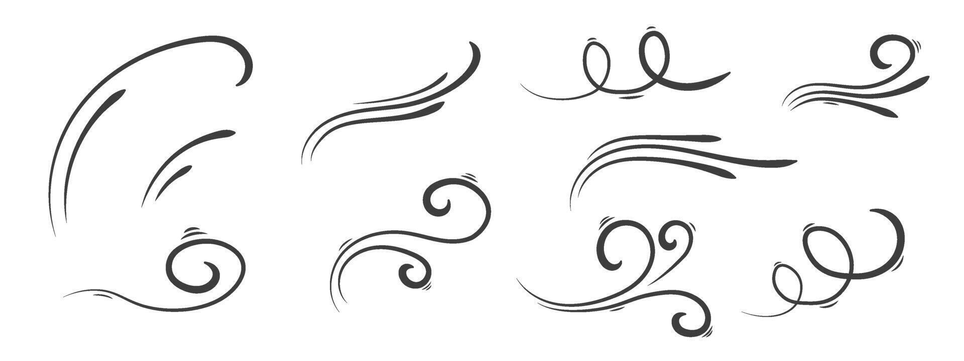 A set of hand drawings of wind lines. Sketches of airflow, swirling elements. Abstract linear movement of air masses, smoke. illustration. vector