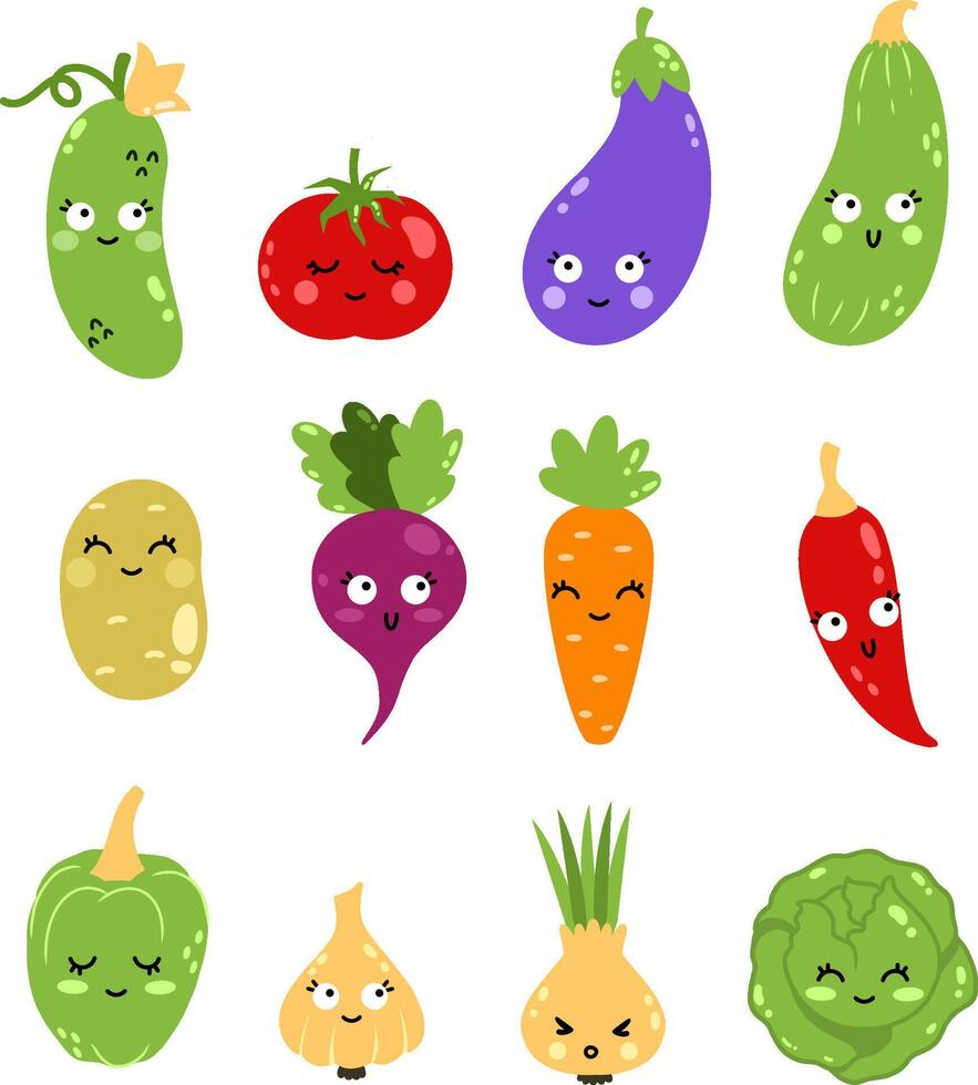 gracioso linda contento vegetales con sonrisa en su rostro. conjunto de elementos de moda de garabatos ilustración en transparente antecedentes. vector