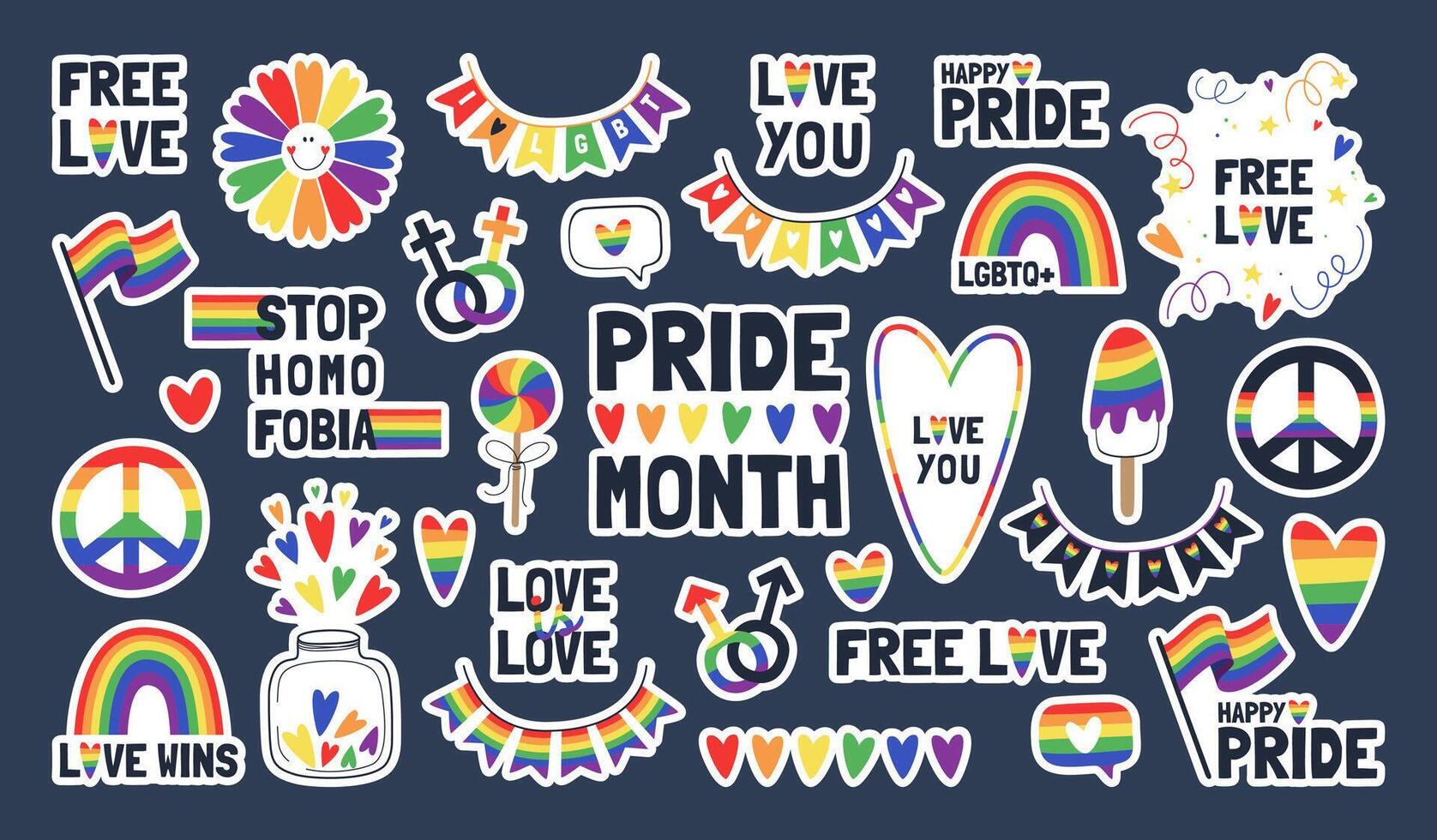 Set of stickers for pride month. Symbols of the LGBT community. vector