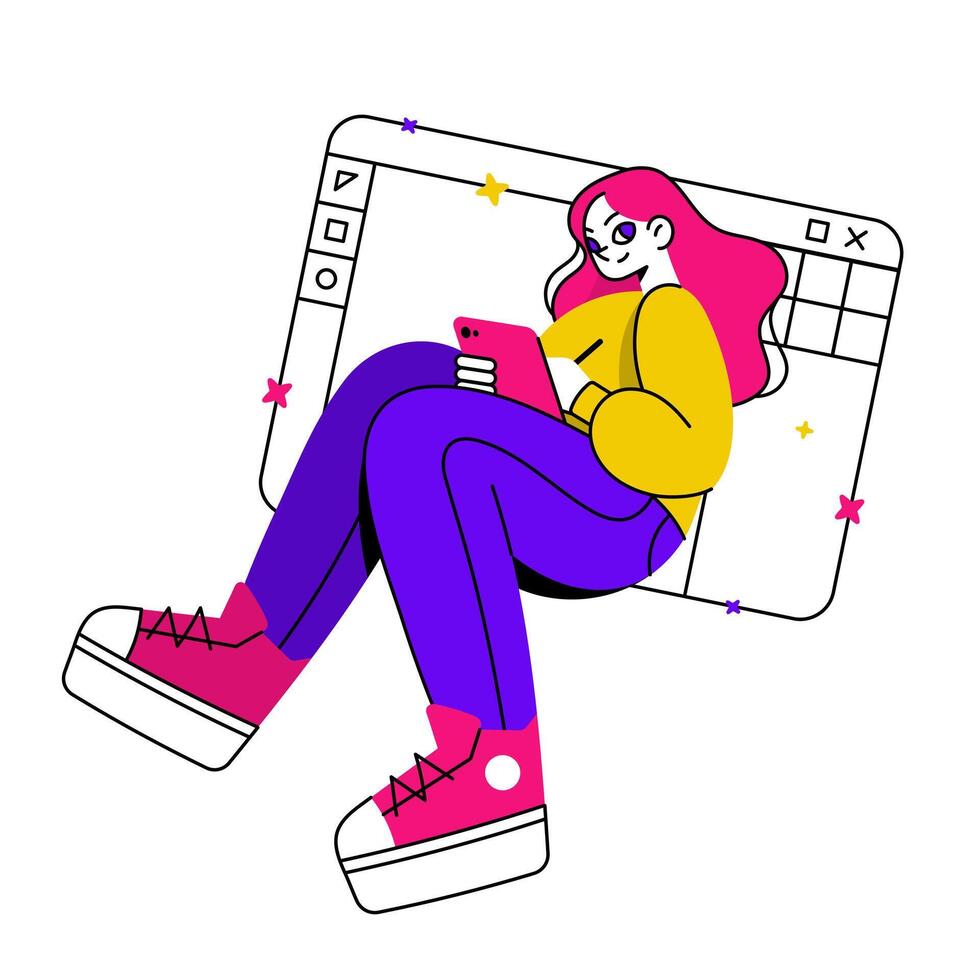 Graphic designer illustrator at workplace. Beauty freelancer woman sitting on drawing. A digital artist creates piece of art or task. Program for drawing on display. The artist draws on tablet. vector