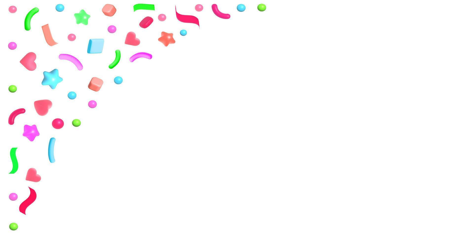 3d render confetti stars, hearts, balloons, cubes. Confetti corner. The concept of the holiday. Abstract poster. illustration vector