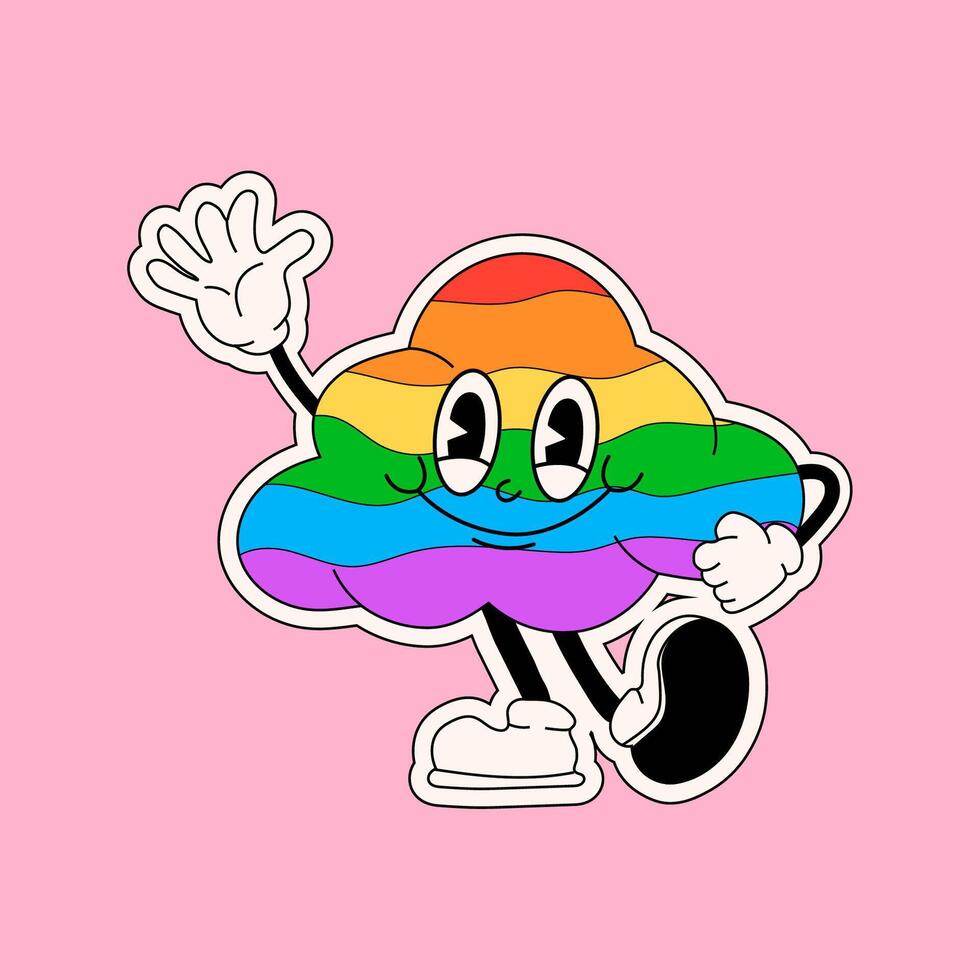 dibujos animados arco iris resumen personaje. retro de moda nube pegatina con gracioso cómic caracteres y enguantado manos. orgullo mes vector