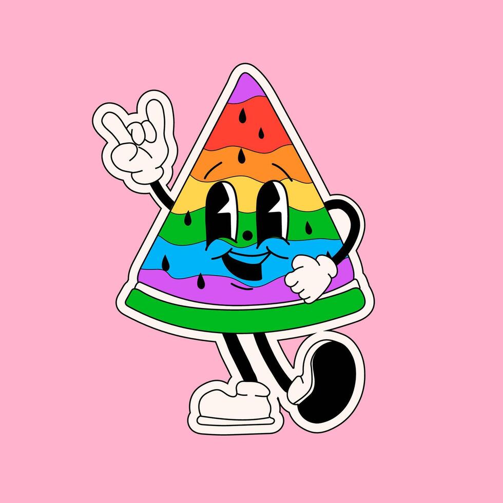 Cartoon rainbow abstract character. Retro trendy watermelon sticker with funny comic characters and gloved hands. Pride Month vector
