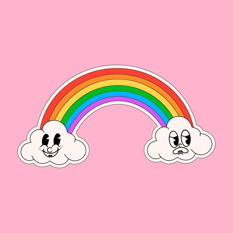 Cartoon rainbow abstract character. Retro trendy sticker with funny comic characters and gloved hands. Pride Month vector