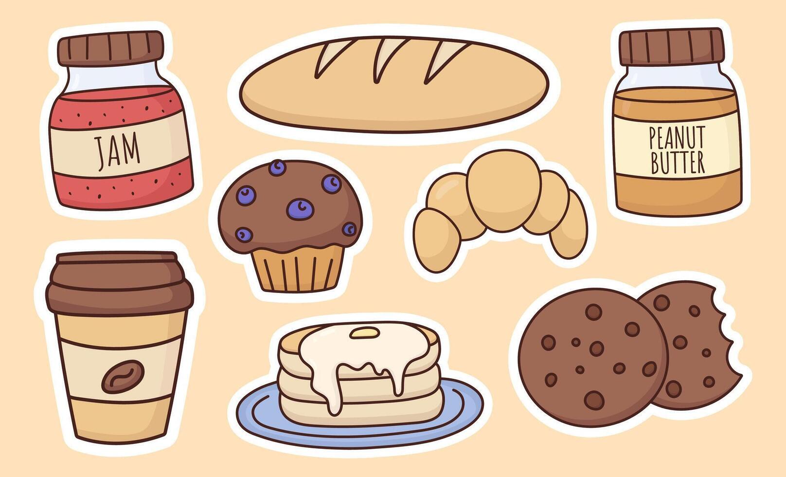 breakfast sticker set, various food, jam, coffee, muffin with berries, pancakes, croissant, bread, cookie, peanut butter, snack, lunch, illustration vector
