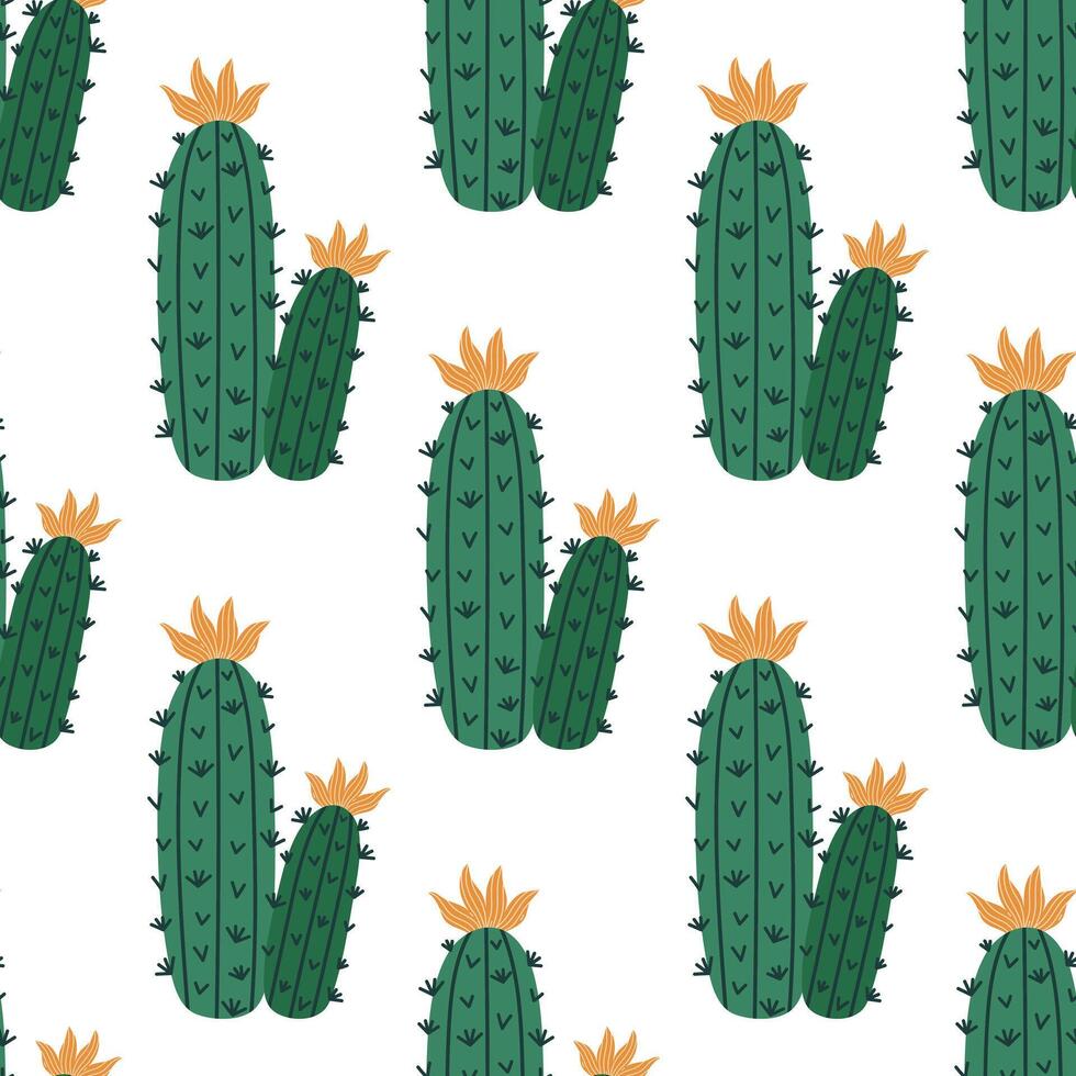 cactus sin costura modelo. un espinoso tropical planta con verde tallos, espinas y vistoso flores interior o Desierto suculento. vector