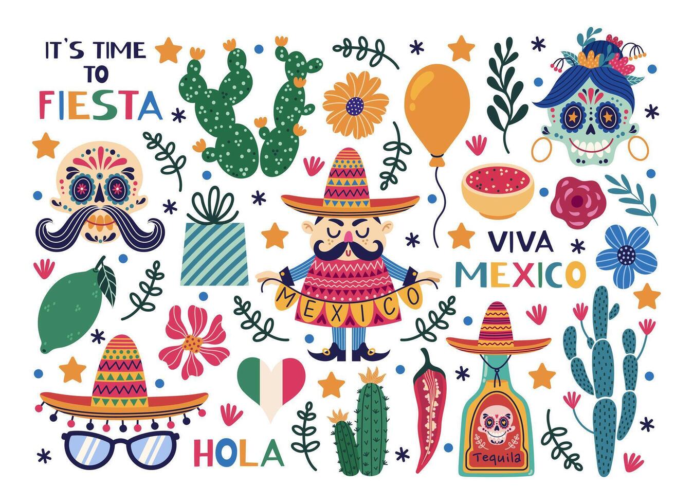 Mexico set. Symbols of North America - sombrero, tequila and lime, sugar skull, cactus, man with a festive garland, salsa. Celebrating Cinco de Mayo, fiesta, carnival. Cartoon doodle clipart vector