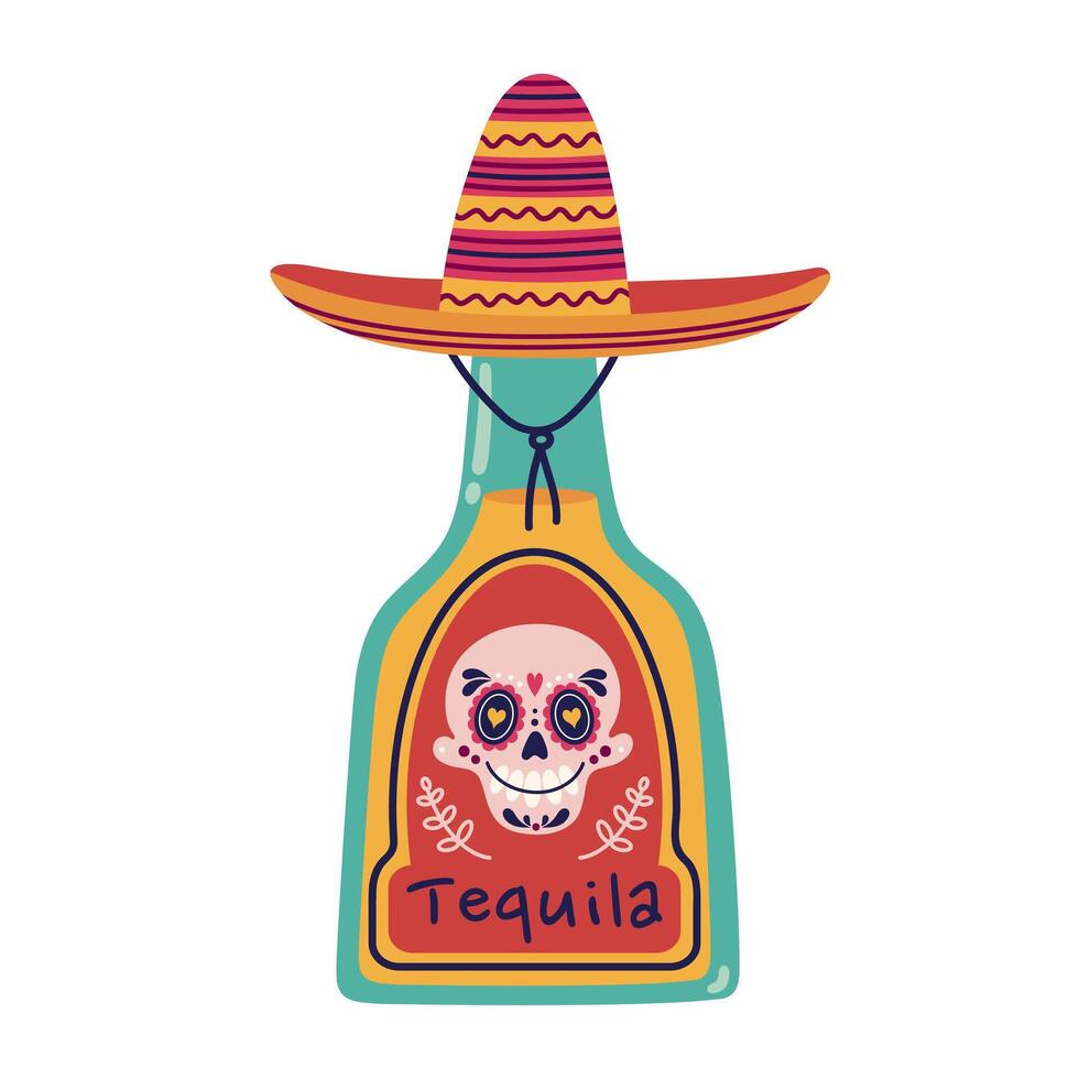 Tequila illustration. Glass bottle with Mexican alcohol, sombrero cork, sugar skull label. Traditional agave drink, booze for carnival, fiesta, event. Hand drawn clipart isolated on white vector