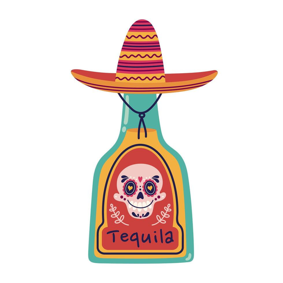 tequila ilustración. vaso botella con mexicano alcohol, sombrero corcho, azúcar cráneo etiqueta. tradicional agave beber, bebida alcohólica para carnaval, fiesta, evento. mano dibujado clipart aislado en blanco vector