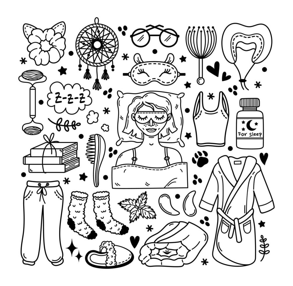 Ready for bed, set. Pillow, blanket, dream catcher, sleeping pill, woman sleeps. Sleepwear - pajamas, bathrobe, slippers, socks. Bedtime, night routine, meditation. Hand drawn doodle clipart vector