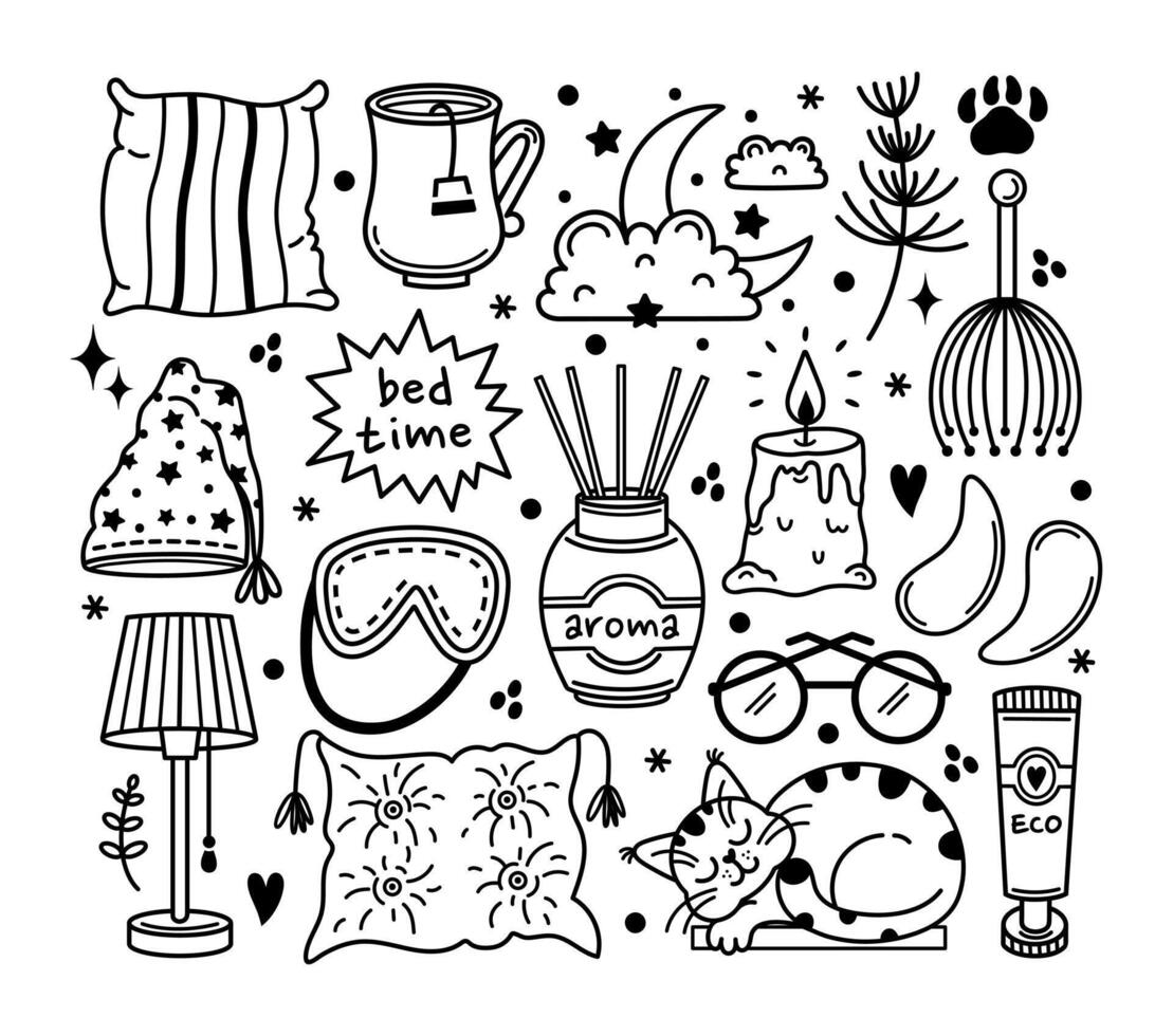 Ready for bed set. Dream symbols - soft pillow, moon and stars, night lamp, asleep cat, aroma diffuser, sleep mask. Bedtime routine. Home accessories for rest, nap. Hand drawn doodle bundle vector