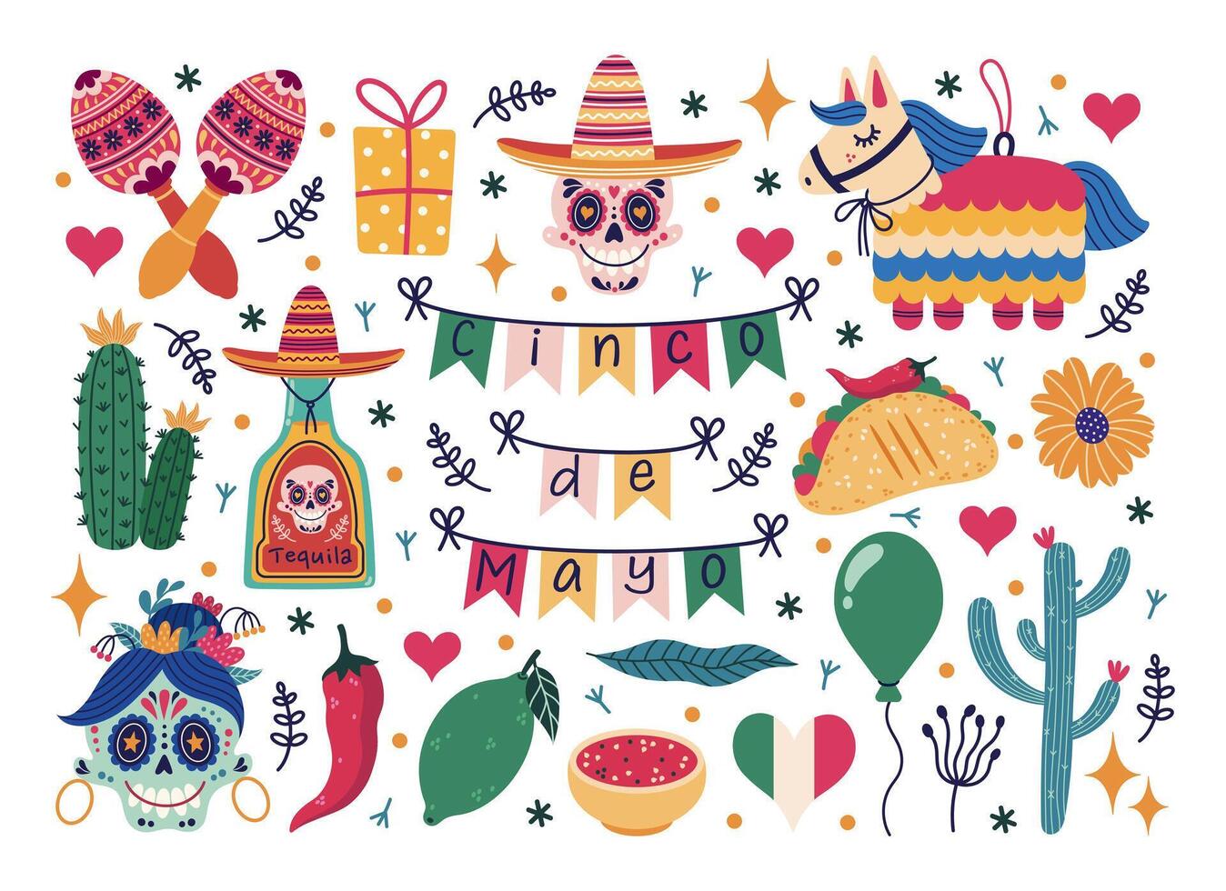 cinco Delaware mayonesa colocar. símbolos de el mexicano fiesta - festivo guirnalda, azúcar cráneo, tequila y Lima, cactus, piñata, maracas celebrando carnaval, fiesta mano dibujado garabatos, dibujos animados clipart vector