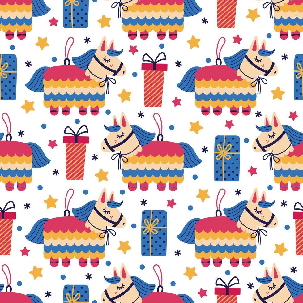 Pinata seamless pattern. Surprise for kids, funny toy and gift boxes. Paper horse, colorful presents, stars confetti. Items for birthday party, carnival. Rainbow Mexican pinata, flat background vector