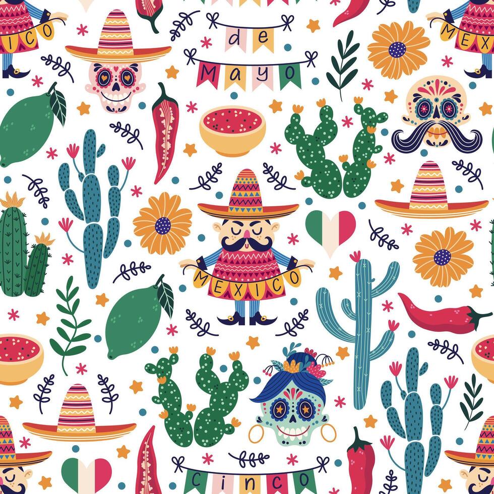 Mexico seamless pattern. Cinco de Mayo celebration - sugar skull, prickly cactus, sombrero, jalapeno, hot salsa, colorful flowers, man with garland. Festive carnival, fiesta. Cartoon background vector