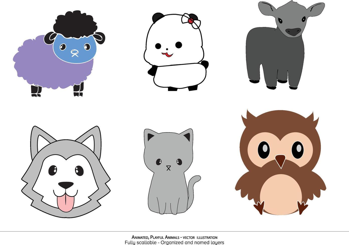 cute animals - animated animals, organized layers, set of animals - motion ready - owl, sheep, goat, panda,, fox, cat, wolf vector