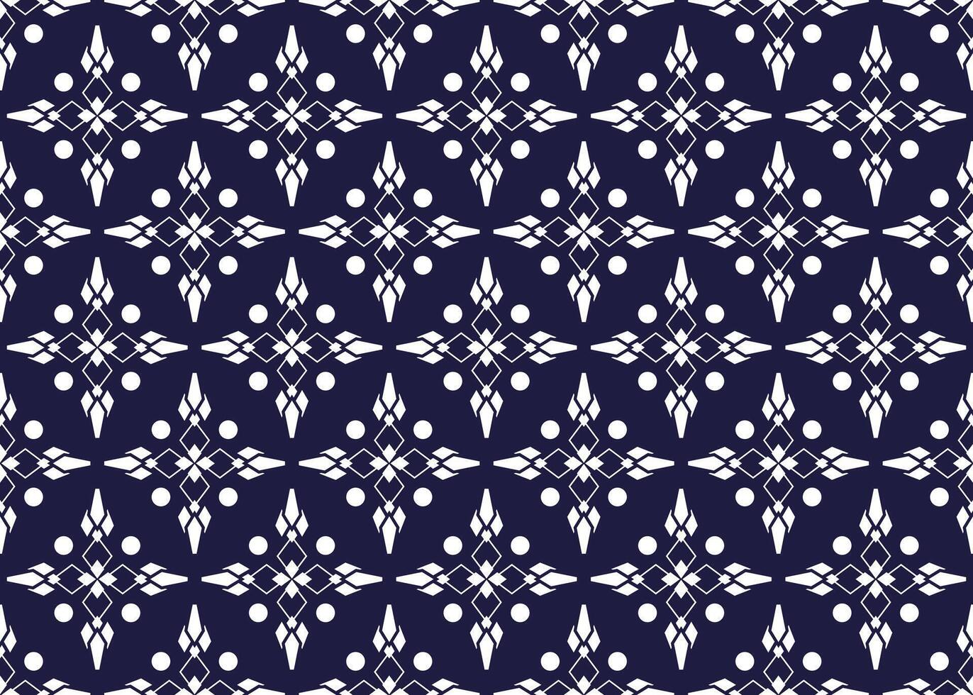 White symbol flowers form on dark blue background, ethnic fabric seamless pattern design for cloth carpet wallpaper wrapping etc. vector