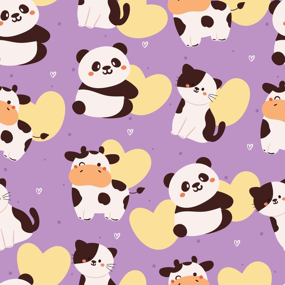 seamless pattern cartoon panda, cat and cow. cute animal wallpaper for textile, gift wrap paper vector