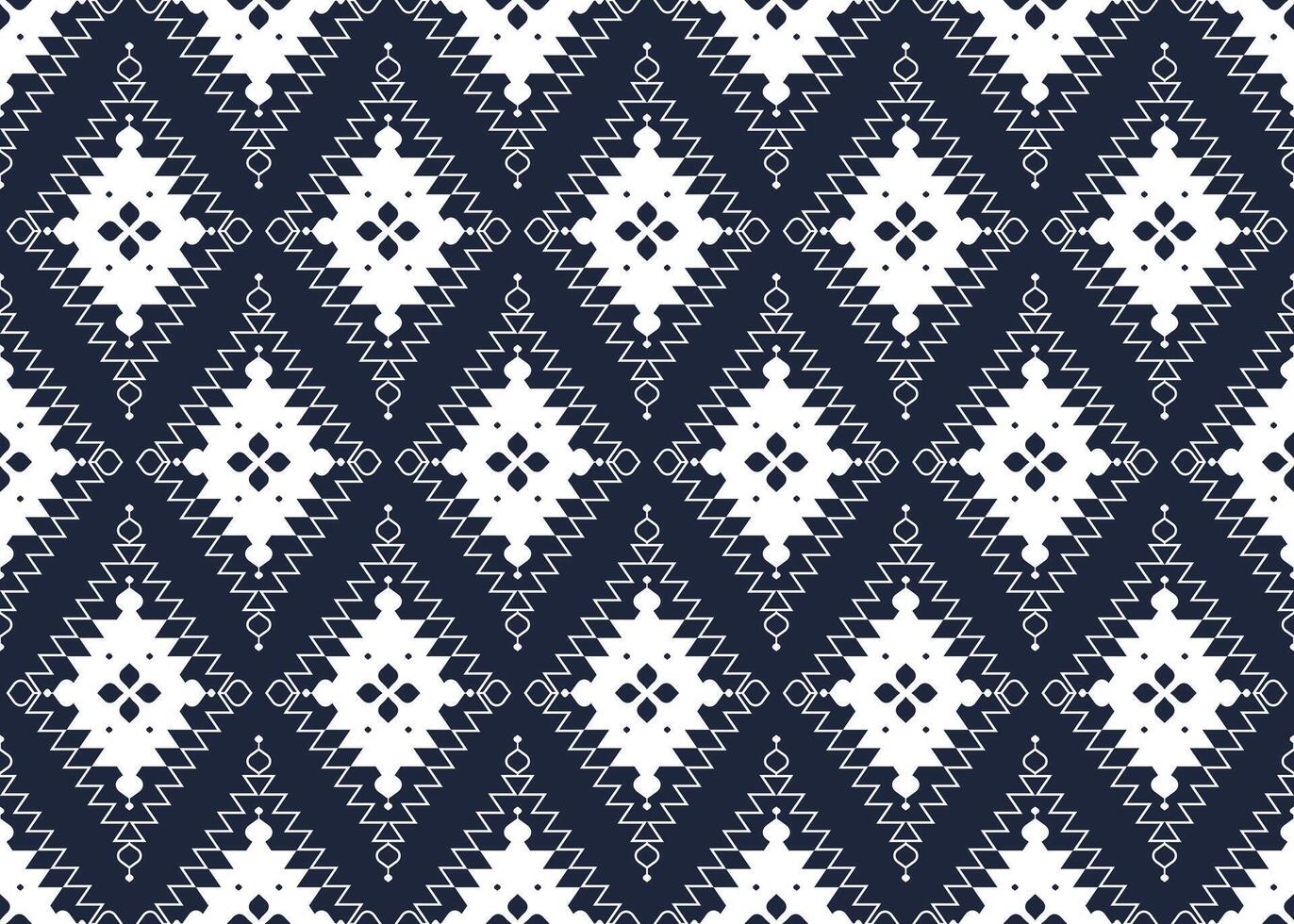 White geometric and flowers form on dark blue background, ethnic fabric seamless pattern design for cloth carpet wallpaper wrapping etc. vector