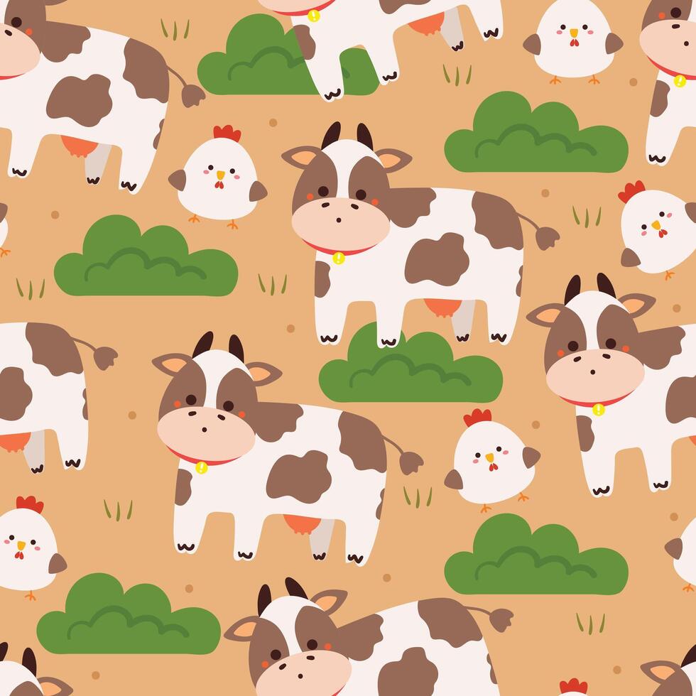 seamless pattern cartoon cow with chicken and plant. cute animal farm wallpaper illustration for gift wrap paper vector