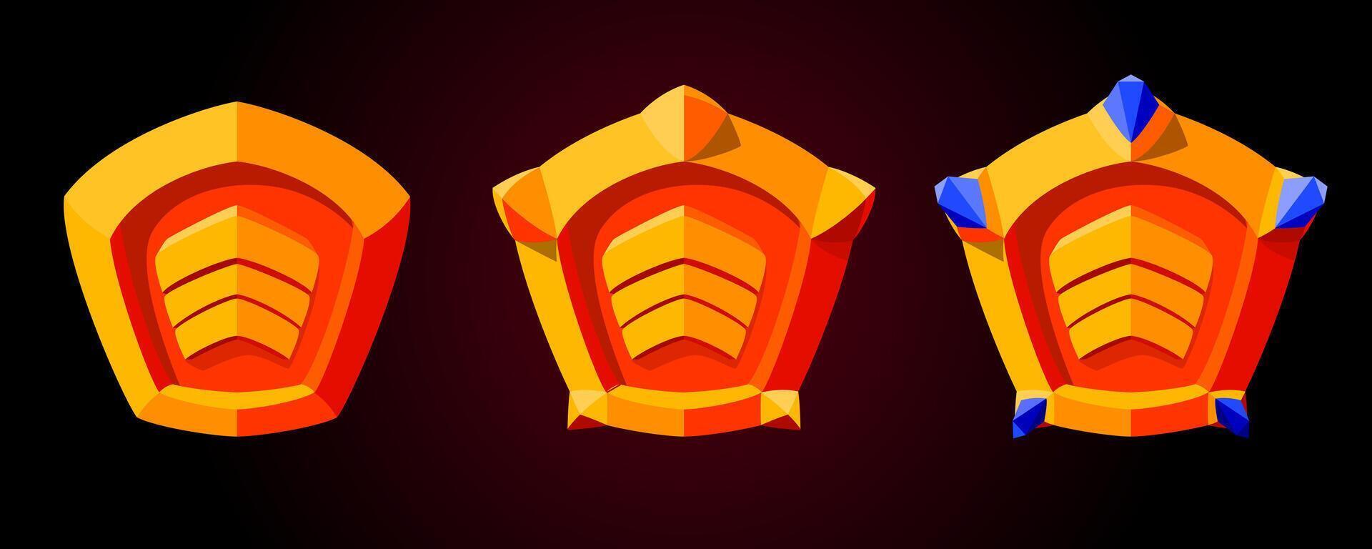 Tres nivel juego dorado insignias con azul piedra preciosa y patentar. Perfecto para juego activos. vector