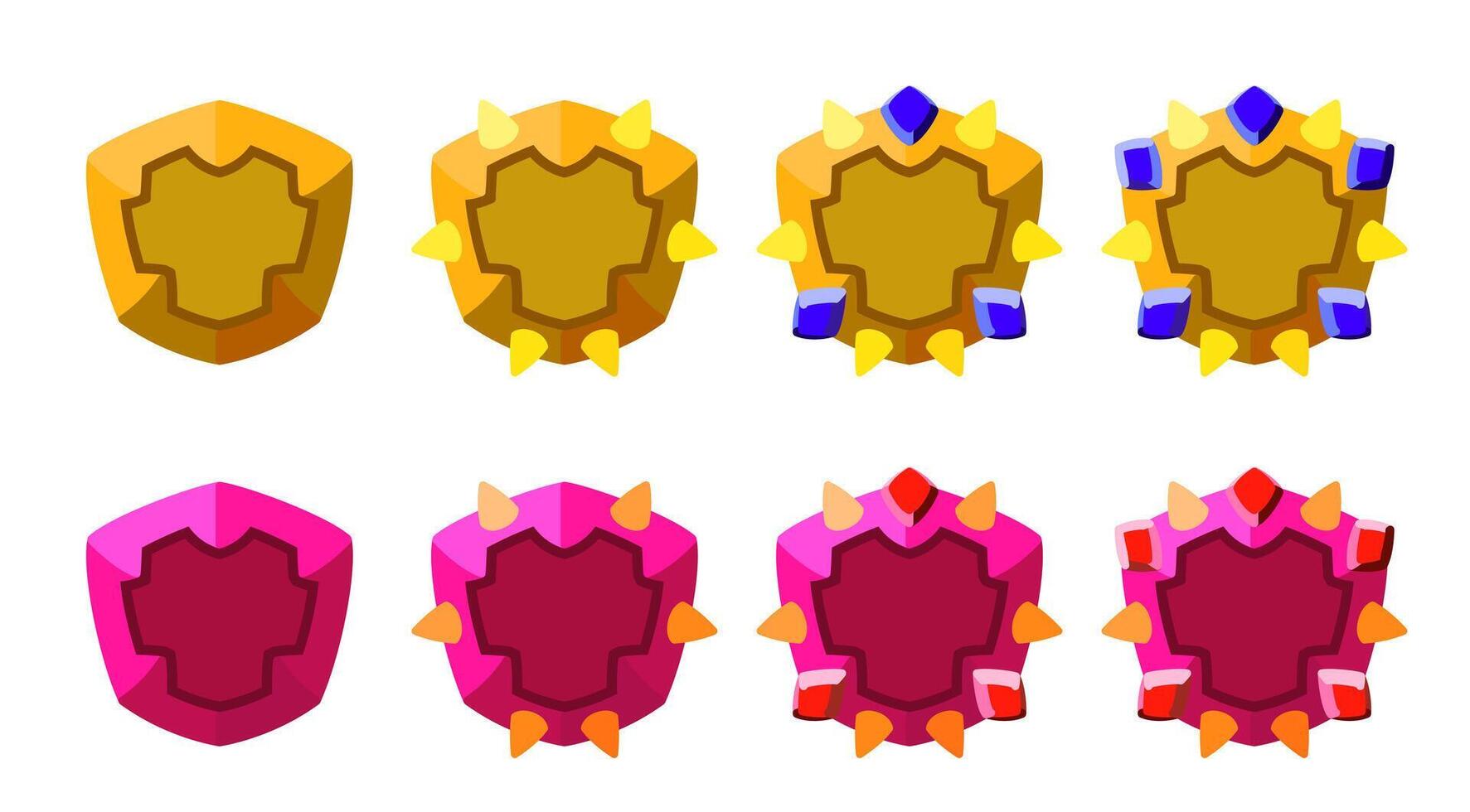 Yellow and pink badge shields with gemstones. Perfect for games. vector