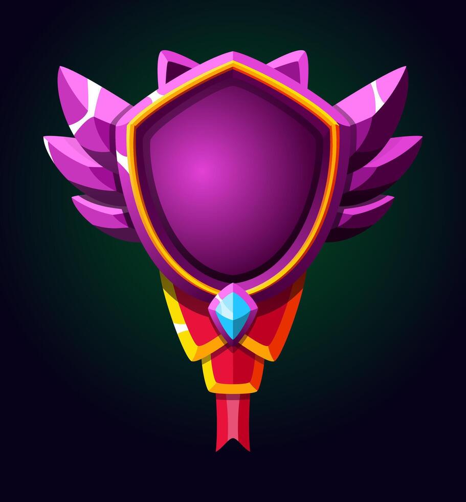 Realistic purple coat of arms for emblems and achievements with ribbon and gemstone. Perfect for mobile games. vector