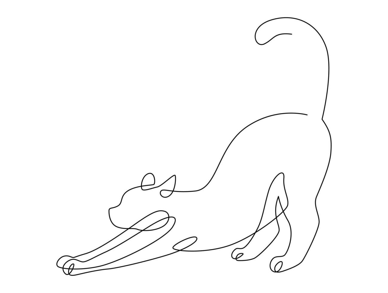 Continuous line drawing cat stretching. Side view single linear decorative design concept. Editable stroke illustration, Cat in one line for logo, Advertising. vector