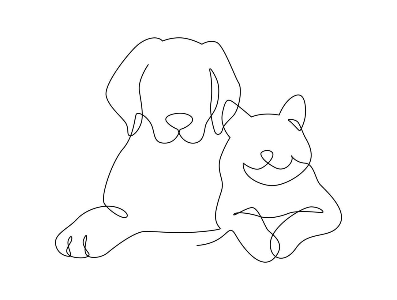 Continuous line drawing head of cat and dog sitting together. Single linear decorative logo, Pet shop or veterinarian design. illustration. vector