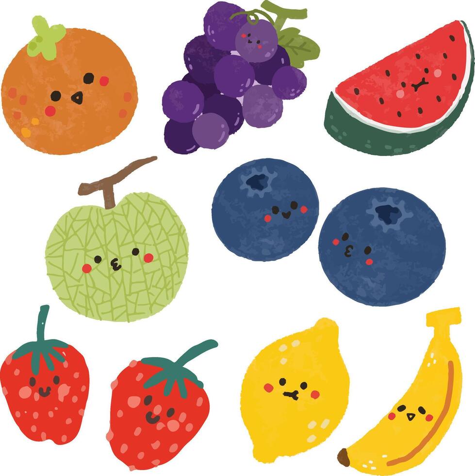 cute kawaii colorful hand drawn healthy fruits cartoon illustration vector