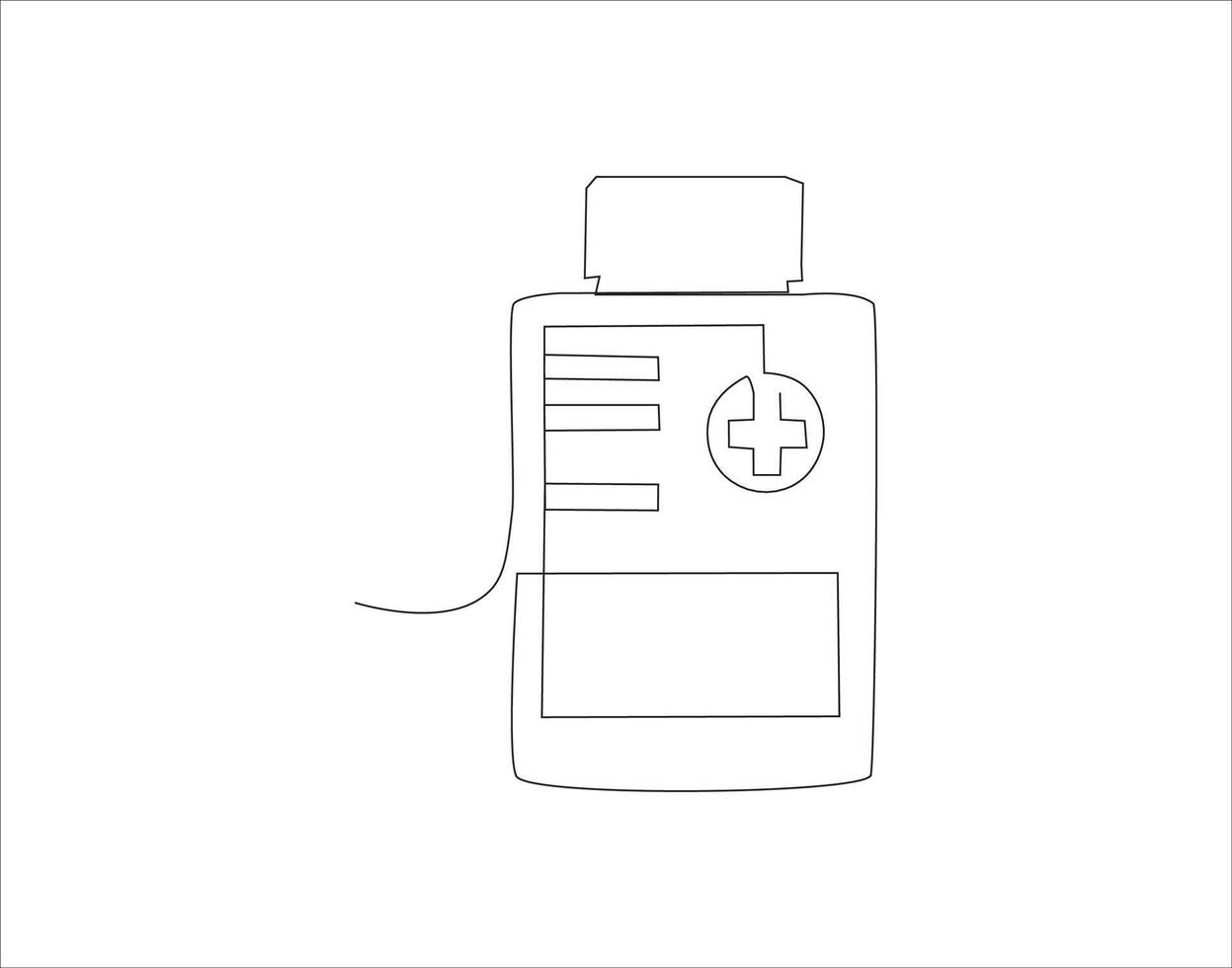 Continuous Line Drawing Of Medicine Bottle. One Line Of Jar Of Pills. Medicine Set Continuous Line Art. Editable Outline. vector
