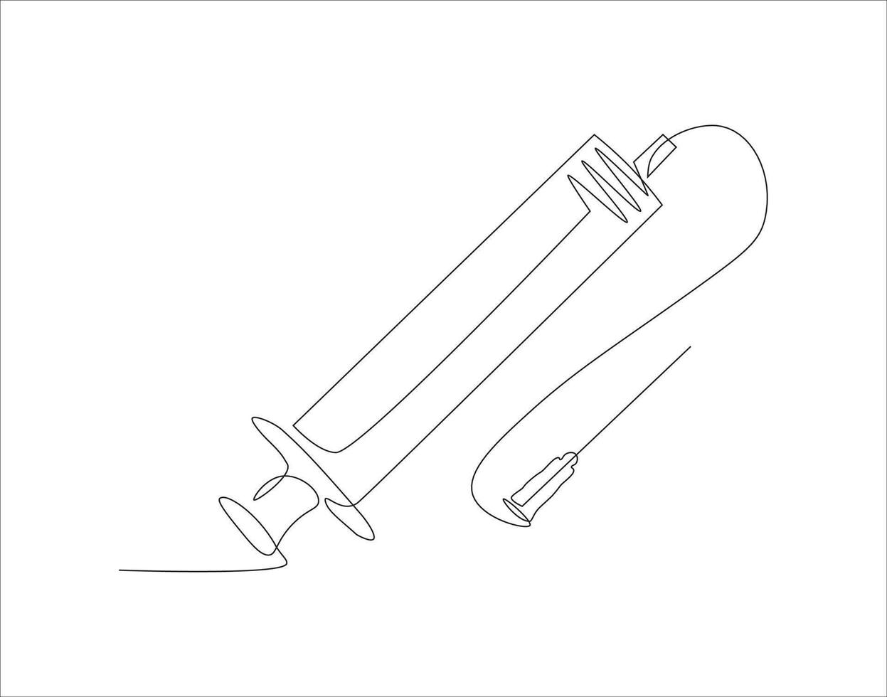 Continuous Line Drawing Of Syringe For Injections. One Line Of Syringe. Inject Continuous Line Art. Editable Outline. vector