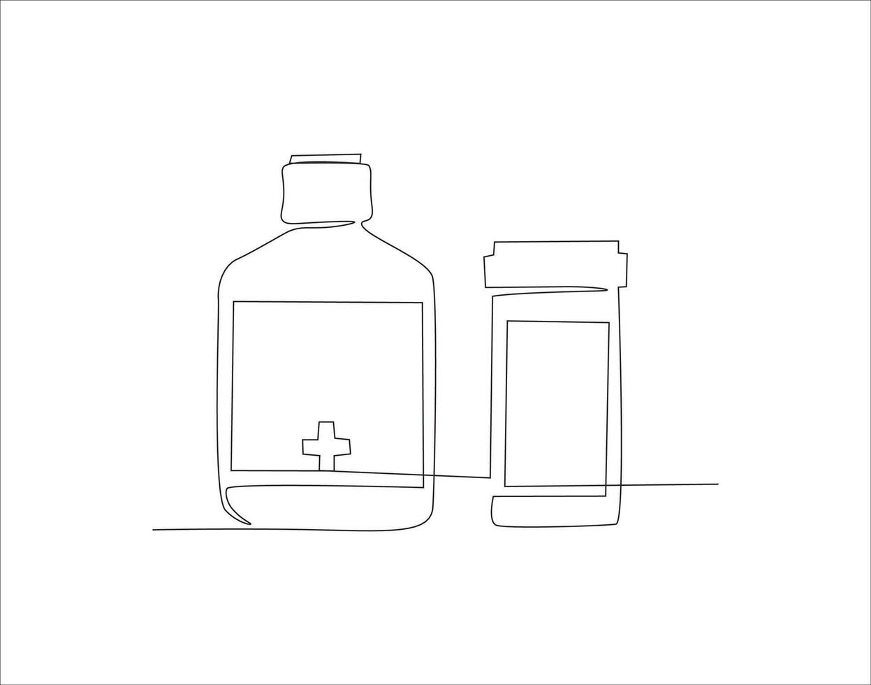 Continuous Line Drawing Of Medicine Bottle. One Line Of Jar Of Pills. Medicine Set Continuous Line Art. Editable Outline. vector