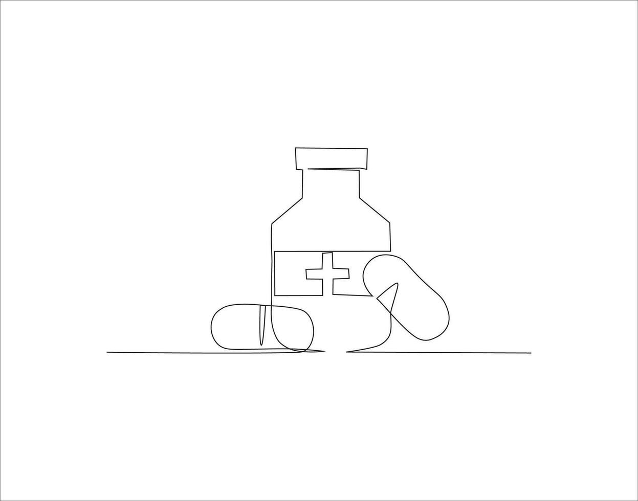 Continuous Line Drawing Of Medicine Bottle. One Line Of Jar Of Pills. Medicine Set Continuous Line Art. Editable Outline. vector