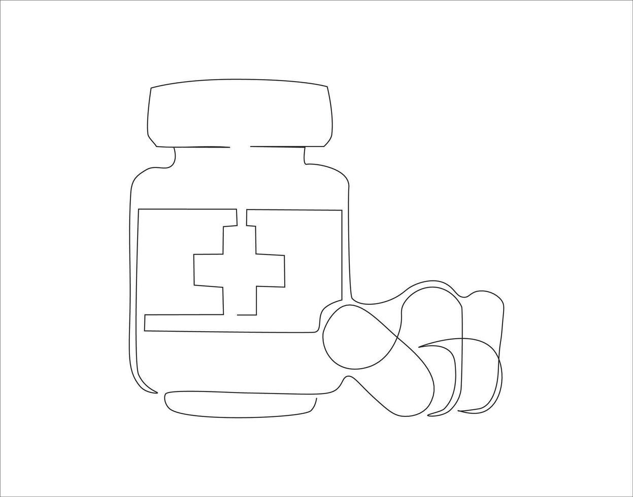 Continuous Line Drawing Of Medicine Bottle. One Line Of Jar Of Pills. Medicine Set Continuous Line Art. Editable Outline. vector