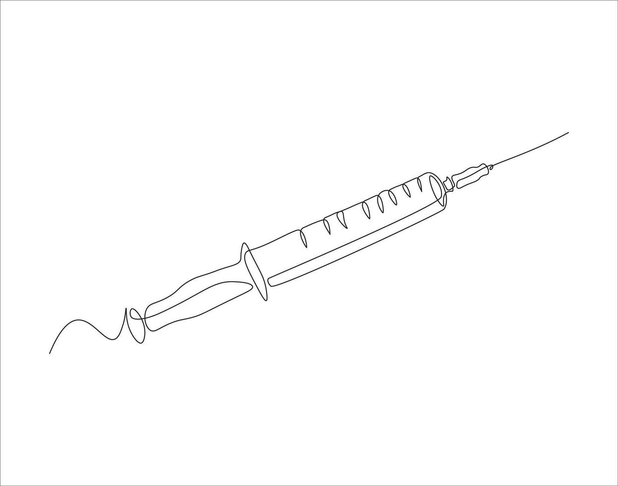 Continuous Line Drawing Of Syringe For Injections. One Line Of Syringe. Inject Continuous Line Art. Editable Outline. vector