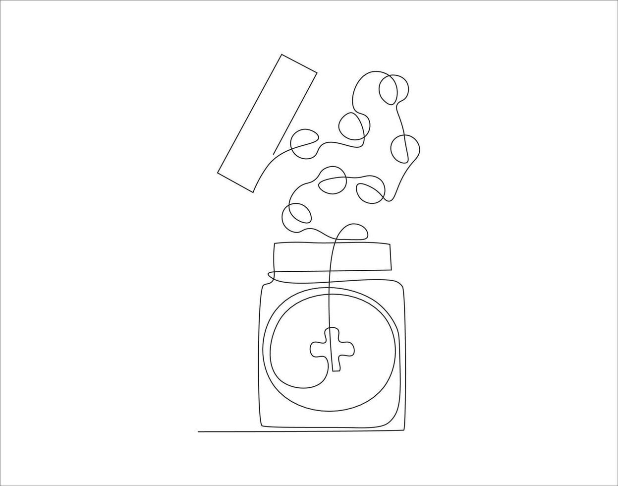 Continuous Line Drawing Of Medicine Bottle. One Line Of Jar Of Pills. Medicine Set Continuous Line Art. Editable Outline. vector