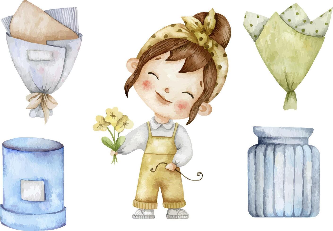 Hand-drawn watercolor flower shop set vector