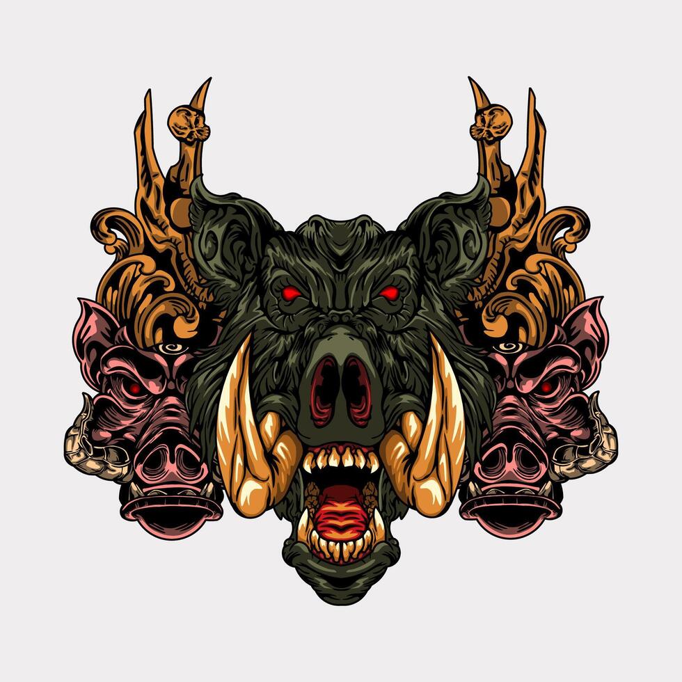 Angry wild boar head tattoo illustration vector