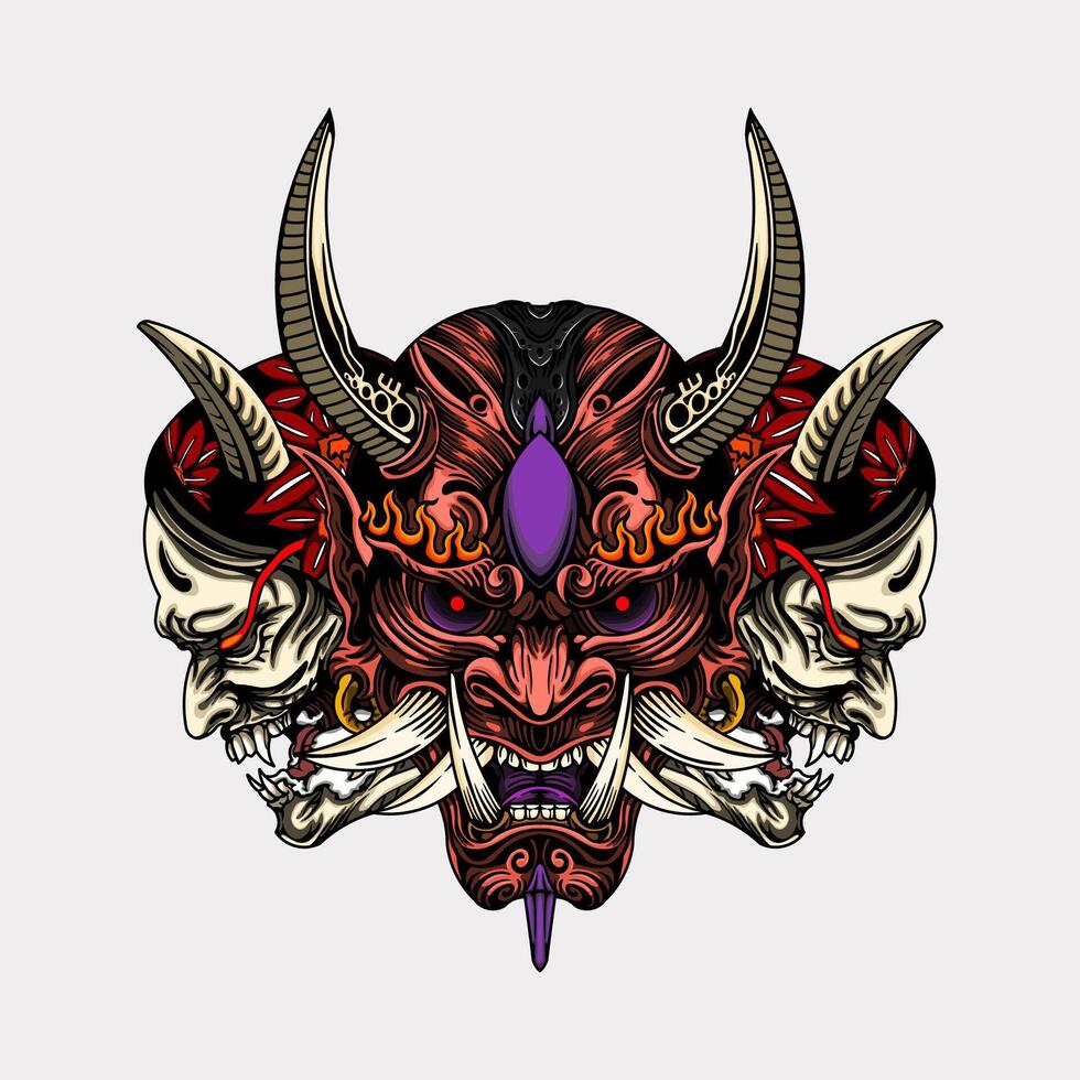 Japanese ronin oni mask engraving ornament artwork tattoo illustration vector