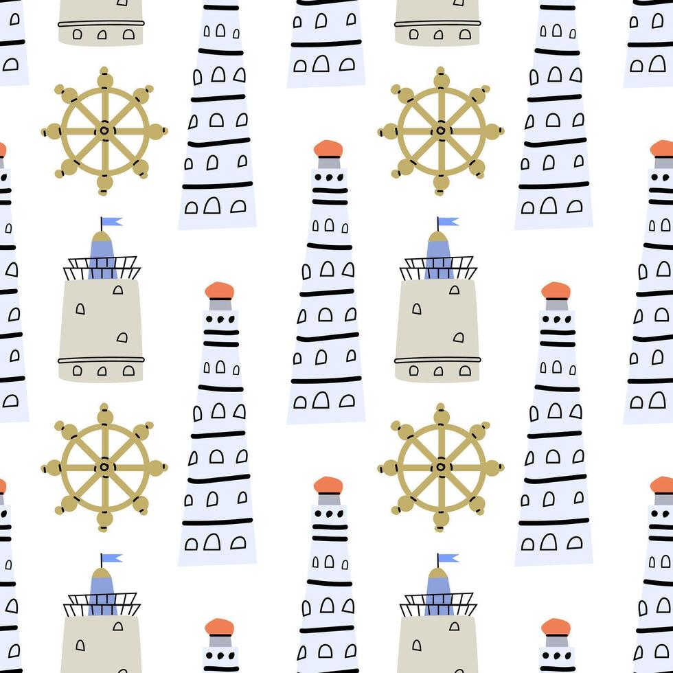 Cute marine baby pattern with nautical lighthouse. vector