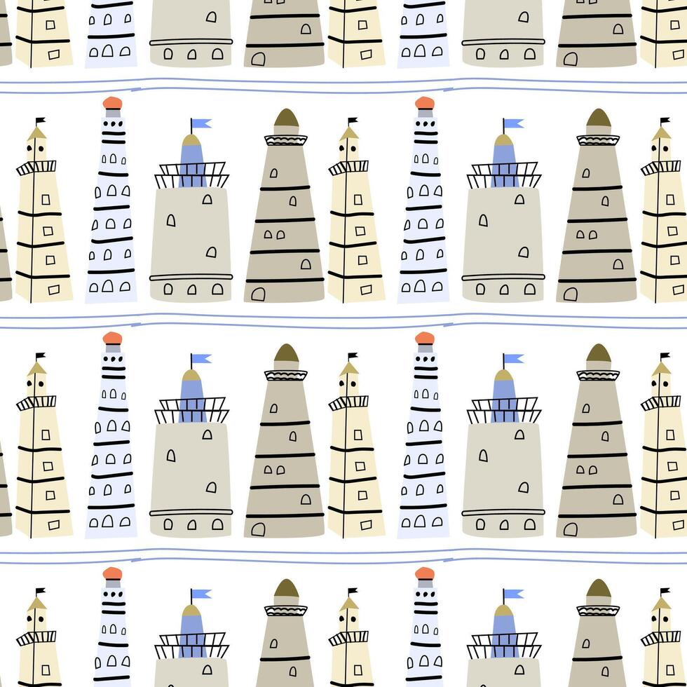 Cute marine baby pattern with beacon buildings lighthouse. vector