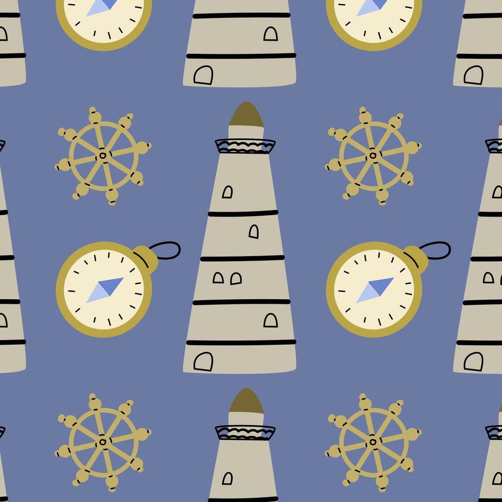 Cute marine baby pattern with nautical lighhouse and compass vector