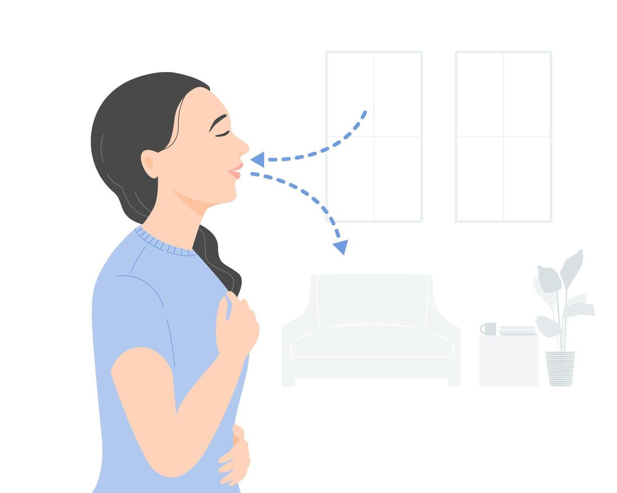 Side view of relaxed woman deep breathing exercise at home, mental health concept. Flat illustration. vector
