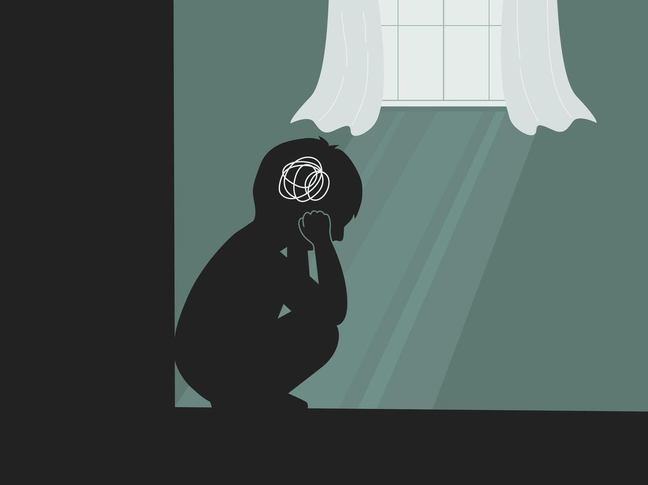 Silhouette of a boy get stress and sad emotion at home alone, mental health kids concept. flat illustration. vector